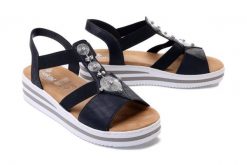 RIEKER V0287-14 blue, sandały damskie. Niebieskie sandały damskie Rieker, bez wzorów, bez obcasa, na koturnie, bez zapięcia. Za 179.94 zł.