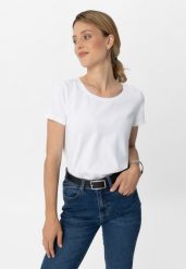 Koszulka basic T-DIANA. Białe koszulki damskie Volcano, m, bez wzorów, z materiału, bez kołnierzyka, bez ramiączek. Za 54.99 zł.