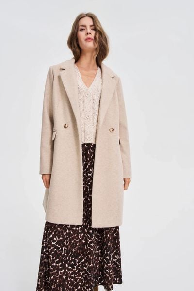 Płaszcz beżowy. Brązowe płaszcze damskie MOODO, l, bez wzorów, z poliesteru, bez kaptura. Za 289.99 zł.