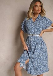 Granatowa Koszulowa Sukienka z Bawełny w Kwiaty o Rozkloszowanym Fasonie Sarilon. Niebieskie sukienki damskie Renee, bez wzorów, z bawełny, eleganckie, bez ramiączek. W wyprzedaży za 47.99 zł.