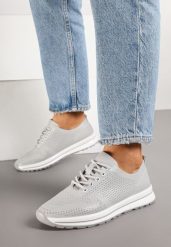 Szare Skórzane Buty Sportowe na Płaskiej Podeszwie ze Skórzaną Wkładką Ozdobione Perforacją Falali. Szare obuwie sportowe casual damskie Renee, z jeansu. Za 149.99 zł.