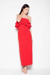 Czerwona Sukienka Długa Elegancka z Falbankami. Czerwone sukienki damskie Venaton, bez wzorów, z elastanu, eleganckie, bez ramiączek. Za 299.00 zł.