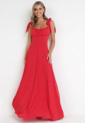 Czerwona Rozkloszowana Sukienka Maxi z Wiązanymi Ramiączkami Lisija. Czerwone sukienki damskie Born2be, bez wzorów, eleganckie, bez ramiączek. Za 189.99 zł.