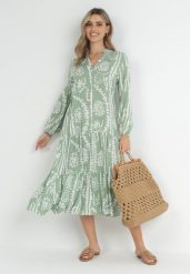 Jasnozielona Sukienka Oversize z Falbaną na Dole i Ornamentalnym Wzorem Amycia. Zielone sukienki damskie Born2be, z aplikacjami, retro, bez ramiączek. W wyprzedaży za 119.99 zł.