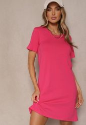 Różowa Sukienka z Bawełny o T-shirtowym Fasonie Niliora. Czerwone sukienki damskie Renee, bez wzorów, z bawełny, eleganckie, bez ramiączek. W wyprzedaży za 31.99 zł.