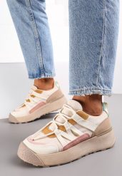 Beżowe Sznurowane Płaskie Sneakersy z Kolorowymi Wstawkami z Ekoskóry Wonise. Brązowe obuwie sportowe damskie Renee, na jesień, przed kostkę, bez zapięcia. Za 79.99 zł.