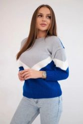 Sweter w geometryczne wzory szary+chabrowy. Niebieskie swetry klasyczne damskie KESI, na zimę, l, z wełny, bez kołnierzyka, plus size. Za 158.92 zł.