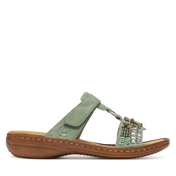 Klapki Rieker. Zielone klapki damskie Rieker, bez wzorów, bez obcasa, bez zapięcia. Za 299.99 zł.