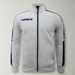 Kurtka California Junior do biegania Biało-Niebieska. Białe kurtki damskie LEGEA, bez wzorów, z poliesteru, z kapturem. Za 64.00 zł.