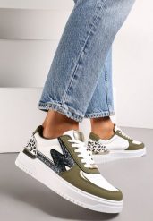 Biało-Zielone Płaskie Sneakersy z Metalową i Brokatową Wstawką Nebritta. Białe obuwie sportowe damskie Renee, bez zapięcia. Za 79.99 zł.