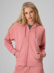 4F Bluza dresowa relaxed z kapturem damska - łososiowa S. Brązowe kardigany damskie 4F, s, bez wzorów, z dresówki. Za 169.99 zł.