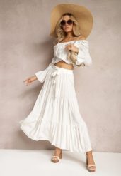 Biała Rozkloszowana Spódnica Maxi z Wiskozy z Materiałowymi Paskami Wintelis. Białe spódnice damskie Renee, na co dzień, na lato, l, bez wzorów, z materiału, eleganckie, maxi. Za 49.99 zł.