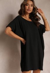 Czarna Sukienka Mini o Fasonie Nietoperza z Okrągłym Dekoltem Maglia. Czarne sukienki damskie Renee, bez wzorów, bez ramiączek. Za 69.99 zł.