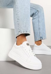 Białe Sneakersy Vices na Grubej Podeszwie z Perforacją i Napisem Nonadwin. Białe obuwie sportowe damskie Born2be, z jeansu, bez zapięcia, trekkingowe. Za 89.99 zł.