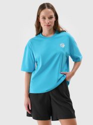 4F T-shirt oversize z nadrukiem damski - turkusowy XL. Niebieskie t-shirty damskie 4F, xl, bez wzorów, z bawełny, bez kołnierzyka. W wyprzedaży za 39.99 zł.