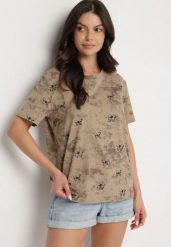 Ciemnobeżowy T-shirt Bawełniany w Print w Motylki Tenorea. Brązowe t-shirty damskie Born2be, m, bez wzorów, z bawełny, bez kołnierzyka. Za 34.99 zł.