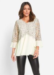 Tunika z koronką. Białe tuniki damskie bonprix, bez wzorów, z koronki, bez kołnierzyka, bez ramiączek. Za 169.99 zł.