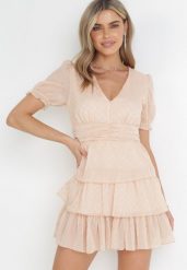 Beżowa Rozkloszowana Sukienka Mini z Krótkimi Rękawami i Błyszczącą Nitką Imaya. Brązowe sukienki damskie Born2be, bez wzorów, z tkaniny, bez ramiączek. Za 159.99 zł.