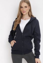 Granatowa Bluza z Kapturem Zapinana na Suwak Bran. Niebieskie bluzy damskie Born2be, l, bez wzorów, z materiału, z kapturem. Za 39.99 zł.