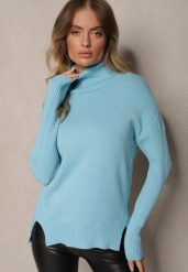 Jasnoniebieski Casualowy Golf z Bawełną i Wiskozą oraz Rozcięciami po Bokach Cialisea. Niebieskie golfy damskie Renee, l, bez wzorów, z bawełny, bez ramiączek. Za 34.99 zł.