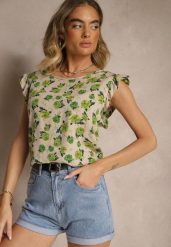 Zielona Kwiatowa Bluzka z Bawełny Ulosirenia. Zielone bluzki damskie Renee, l, bez wzorów, z bawełny, eleganckie, bez kołnierzyka, bez ramiączek. Za 34.99 zł.