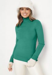 Ciemnozielony Golf w Klasycznym Stylu Tasfedi. Zielone golfy damskie Born2be, m, bez wzorów, z jeansu, bez ramiączek. Za 74.99 zł.