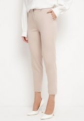 Beżowe Eleganckie Spodnie Cygaretki z Wysoką Talią Sinvara. Brązowe spodnie materiałowe damskie Born2be, bez wzorów, z jeansu. Za 109.99 zł.