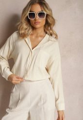 Beżowa Elegancka Koszula Bawełniana z Klasycznym Wzorem w Paski Lervana. Brązowe koszule damskie Renee, l, bez wzorów, z bawełny, eleganckie, bez kołnierzyka, bez ramiączek. Za 79.99 zł.
