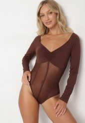 Brązowe Body Vices z Długim Rękawem i Dekoltem w Serek Aleriie. Brązowe body i gorsety Born2be, bez wzorów, z jeansu. Za 69.99 zł.
