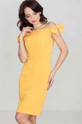 Szykowna Musztardowa Sukienka z Kokardkami na Ramionach. Sukienki damskie SALE, bez wzorów, z materiału, eleganckie, bez ramiączek. Za 74.70 zł.
