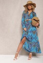 Niebieska Koszulowa Sukienka Boho z Podpinanymi Rękawami z Bawełny Otersa. Niebieskie sukienki damskie Renee, bez wzorów, z bawełny, boho, bez ramiączek. W wyprzedaży za 83.99 zł.