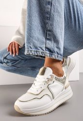 Białe Sneakersy na Niskiej Platformie ze Wstawkami z Brokatu Quinnes. Białe obuwie sportowe damskie Renee, bez zapięcia. Za 89.99 zł.
