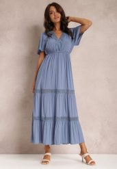 Niebieska Sukienka Ilythyrra. Niebieskie sukienki damskie Renee, bez wzorów, z koronki, boho, bez ramiączek. W wyprzedaży za 62.99 zł.