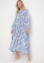 Niebieska Rozkloszowana Sukienka Koszulowa z Wiskozą w Geometryczny Wzór Alineria. Niebieskie sukienki damskie Born2be, bez wzorów, z bawełny, eleganckie, bez ramiączek. W wyprzedaży za 127.49 zł.