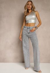 Szare Bawełniane Jeansy o Szerokim Fasonie High Waist z Cyrkoniami Melsedi. Szare jeansy damskie Renee, z aplikacjami, z bawełny. Za 79.99 zł.