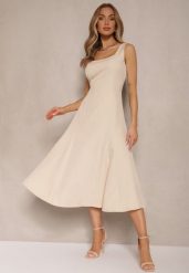 Beżowa Rozkloszowana Sukienka w Klasycznym Stylu Deslene. Brązowe sukienki damskie Renee, bez wzorów, eleganckie, bez ramiączek. W wyprzedaży za 83.99 zł.