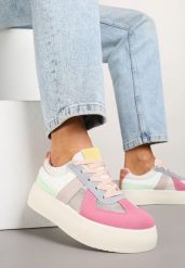 Różowo-Niebieskie Sneakersy w Stylu Tenisówek na Platformie Nanirea. Czerwone obuwie sportowe damskie Born2be, z jeansu, bez zapięcia, tenisowe. Za 89.99 zł.