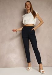 Granatowe Spodnie z Wiskozą High Waist z Ozdobnymi Guzikami Redillia. Niebieskie spodnie materiałowe damskie Renee, bez wzorów, z jeansu. Za 64.99 zł.