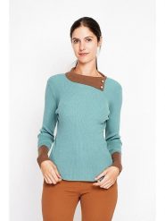 ASSUILI Sweter w kolorze turkusowo-karmelowym rozmiar: 40. Niebieskie swetry klasyczne damskie Assuili, ze splotem, bez kołnierzyka. Za 136.45 zł.