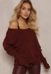 Bordowy Sweter z Lnem Oversize z Dekoltem w Łódkę Sassista. Czerwone swetry klasyczne damskie Renee, m, z jeansu, bez kołnierzyka. Za 119.99 zł.