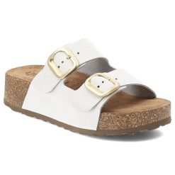 Klapki damskie Yokono, cholewka ze skóry naturalnej licowej z dwoma szerokimi paskami z regulacją na metalowe klamry, białe, Wiwi-003 Opa Blanco. Białe klapki damskie Yokono, bez wzorów, ze skóry, bez obcasa, bez zapięcia. Za 239.00 zł.
