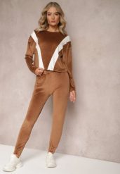 Brązowy 2-częściowy Komplet Dresowy Welurowy z Bluzą i Spodniami Vestali. Brązowe bluzy damskie Renee, m, bez wzorów, z dresówki, bez kaptura. Za 129.99 zł.