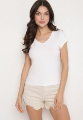 Biały T-shirt z Wiskozą z Prążkowanej Dzianiny Ralendria. Białe t-shirty damskie Born2be, m, z aplikacjami, z dzianiny, bez kołnierzyka. Za 29.99 zł.