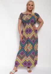 Żółto-Fioletowa Bawełniana Sukienka o Rozkloszowanym Kroju z Gumką w Pasie i Wiązanym Dekoltem Tiretta. Żółte sukienki damskie Born2be, bez wzorów, z bawełny, eleganckie, bez ramiączek. Za 69.99 zł.