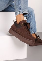 Brązowe Sneakersy na Platformie ze Sznurowaniem Ozdobione Futerkiem Vaivelle. Brązowe obuwie sportowe damskie Renee, z jeansu, bez zapięcia. Za 99.99 zł.