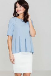 Elegancka Niebieska Bluzka z Kontrafałdami z Przodu. Niebieskie bluzki damskie Katrus, m, bez wzorów, z materiału, eleganckie, bez kołnierzyka, bez ramiączek. Za 199.00 zł.