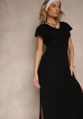 Czarna Sukienka z Bawełny o Pudełkowym Kroju i Dekolcie w V i Rozcięciami Natindra. Czarne sukienki damskie Renee, bez wzorów, z bawełny, eleganckie, bez ramiączek. Za 79.99 zł.