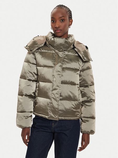 Calvin Klein Jeans Kurtka zimowa Shiny Monologo J20J224616 Szary Regular Fit. Szare kurtki damskie Calvin Klein Jeans, na zimę, xl, bez wzorów, z jeansu, bez kaptura. Za 439.99 zł.