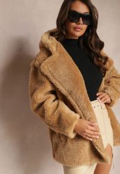 Beżowa Futerkowa Kurtka Teddy z Kapturem z Wsuwanymi Kieszeniami Gerovia. Brązowe kurtki damskie Renee, l, bez wzorów, z jeansu, z kapturem. Za 199.99 zł.