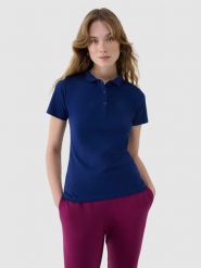 4F Koszulka polo slim damska - granatowa XL. Niebieskie bluzki damskie 4F, xl, bez wzorów, z bawełny, bez kołnierzyka, bez ramiączek. Za 89.99 zł.
